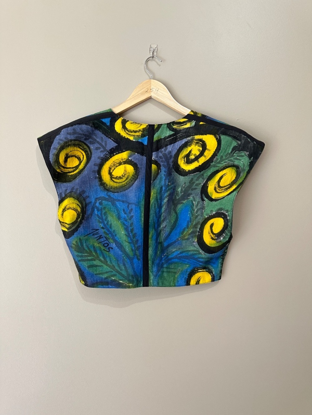 V-neck Juntos Hand-Painted Abstract Crop Top Yellow Cerulean Blue Forest Green - Picture 5 of 10